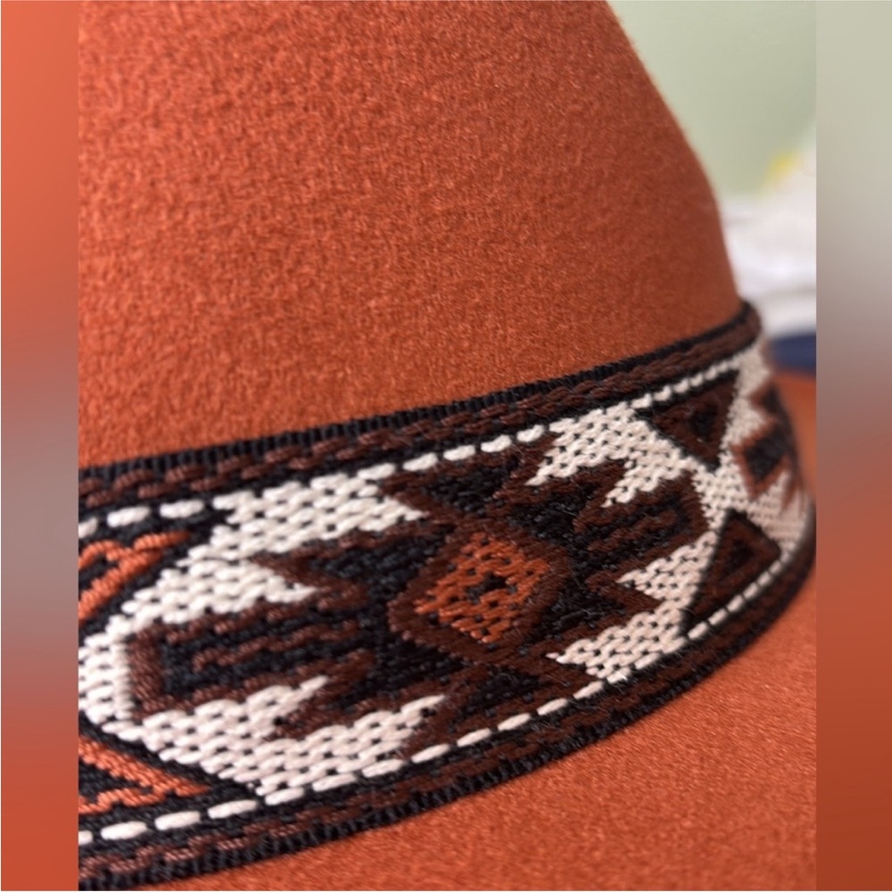 Rust Fedora style Hat Southwestern Patterned Band Stagecoach Wide Brim - Picture 5 of 8